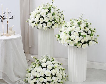 Peças centrais brancas para mesa superior de casamento decorativa bola de flor de rosa artificial arranjo de decoração de casamento ao ar livre bola de flor de chumbo de estrada