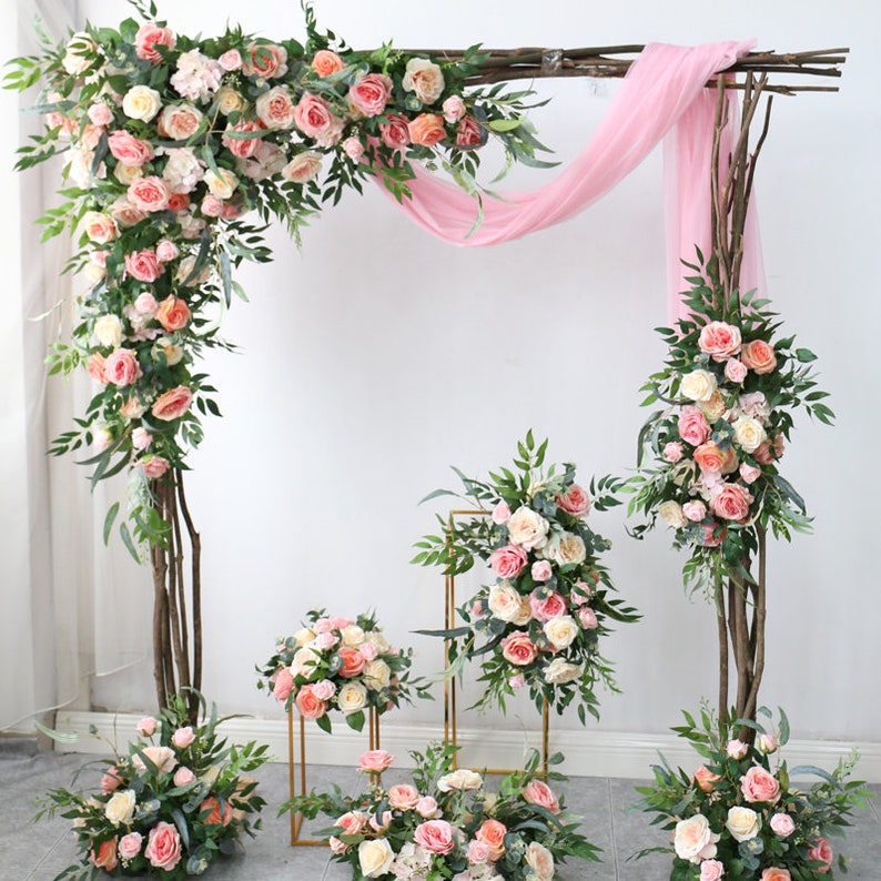 Wedding Archway Flower, Wedding Corner Swag, Outdoor Wedding Backdrop, Pink Floral Table Runner Bridal Shower Decor Floral Arch Arrangement image 1