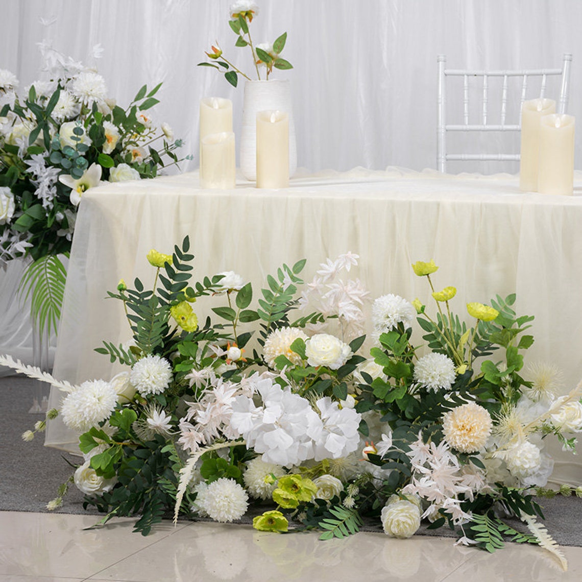 White Silk Wedding Flower Arrangement: Table Runner, Centerpiece Decor ...