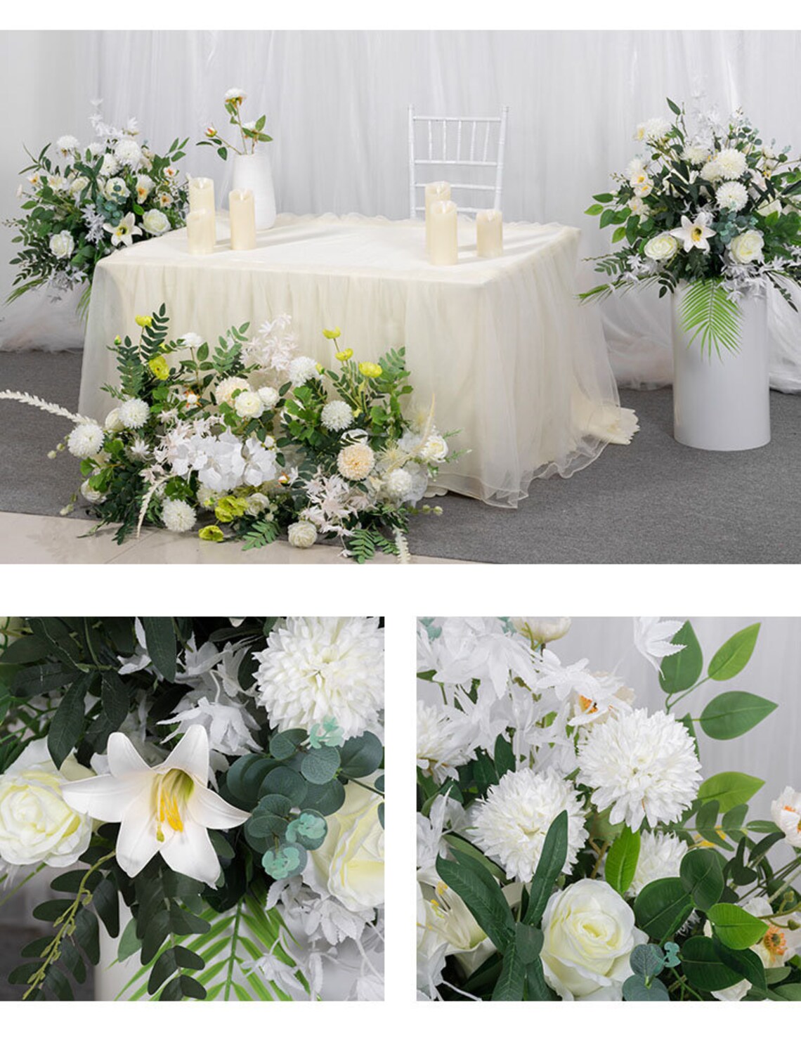White Silk Wedding Flower Arrangement: Table Runner, Centerpiece Decor ...