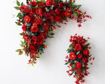 Hochzeit Torbogen Blume, Hochzeit Eckwagen, Outdoor Hochzeit Kulisse, Rote Blumen Tischläufer Braut Dusche Deko Floral BogenGesteck