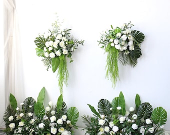 White Rose and Greenary Wedding Arch Flower Monstera Garland Arrangement Table Flower Runner Party Decor Aisle Runner Outdoor Wedding Decor