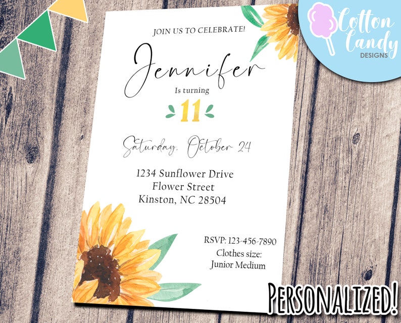 Sunflower Invitation Sunflower Birthday Party Sunflower Birthday Invitation Sunflower Personalized Printable Digital File