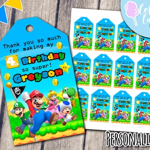 Etiquetas de lembrança do Mario, etiquetas de agradecimento do Super Mario, festa de aniversário dos irmãos Mario, personalizadas, Super Mario, Nintendo, para impressão, arquivo digital