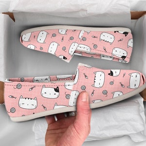 Pink Cat Shoes | Womens Shoes | Cute Shoes | Canvas Women Shoes | Womens Slip Ons | Casual Shoes | Cat Lover Gifts | Cat Print Kawaii Shoe