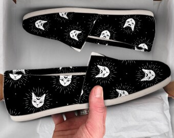 Moon Cat Shoes | Casual Shoes | Cute Shoes | Canvas Women Shoes | Girls Slip Ons | Casual Shoes | Cat Gifts | Cat Lover Gifts