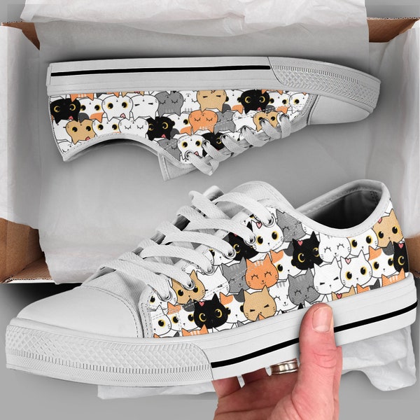 Cute Cats Shoes | Cat Sneakers | Cute Shoes | Casual Shoes | Cat Owner Gifts | Low Top Converse Style Shoes for Womens Mens Adults