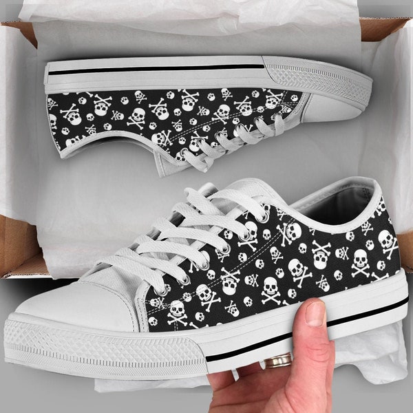 Skull & Bones Shoes | Skull Sneakers | Skull Shoes | Casual Shoes | Skull Gifts | Low Top Converse Style Shoes for Womens Mens Adults