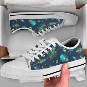 Womens Peacock Shoes | Peacock Sneakers | Peacock Print Pattern | Peacock Gifts | Custom Low Top Converse Style Sneakers For Women & Men