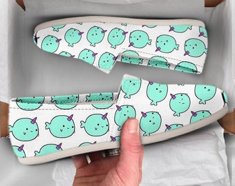 Kawaii Narwhal Shoes | Womens Shoes | Cute Shoes | Canvas Women Shoes | Girls Slip Ons | Casual Shoes | Narwhal Lover Gifts | Kawaii Shoes