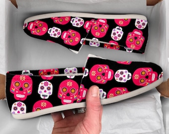 Day Of the Dead Sugar Skull Shoes | Womens Casual Shoes | Canvas Women Shoes | Girls Slip Ons | Casual Shoes | Red Skull Shoes