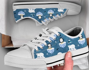 Pole Bear & Penguin Shoes | Cute Sneakers | Cute Shoes | Casual Shoes | Penguin Gifts | Low Top Converse Style Shoes for Womens Mens Adults