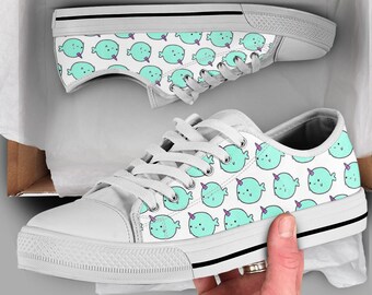 Girls Narwhal Shoes | Narwhal Sneakers | Cute Shoes | Casual Shoes | Narwhal Gifts | Low Top Converse Style Shoes for Womens Mens Adults