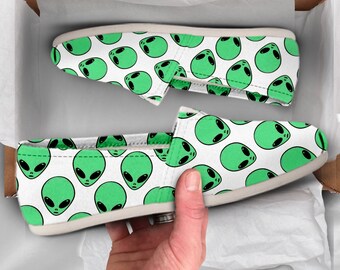 Green Alien Shoes | Womens Shoes | Cute Shoes | Canvas Women Shoes | Girls Slip Ons | Casual Shoes | Alien Gifts | Kawaii Shoes