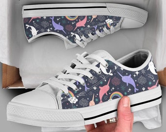 Space Narwhal Shoes | Narwhal Sneakers | Cute Shoes | Casual Shoes | Narwhal Gifts | Low Top Converse Style Shoes for Womens Mens Adults