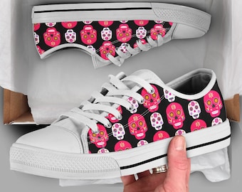 Sugar Skull Shoes | Sugarskull Sneakers | Cute Shoes | Casual Shoes | Sugarskull Gifts | Low Top Converse Style Shoes for Womens Mens Adults