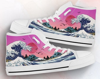 Great Wave Shoes Art Lover Sneakers High Top Shoes Sneakers for Women and Men Casual Shoes, Custom Shoes, Art Lover Gifts, Cool Shoes