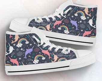 Space Narwhal Shoes | Kawaii Sneakers | Cute Clothing| Narwhal Gifts | Custom High Top Converse Style Sneakers For Adults Women & Men