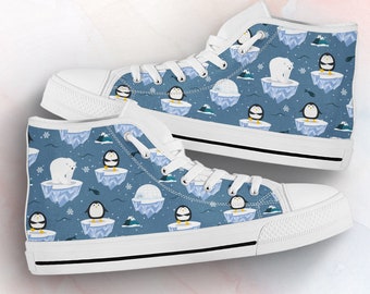 Penguin Shoes | Pole Bear Sneakers | Penguin Pattern Penguin Print Gifts Cute Clothing Custom High Top Sneakers For Adults Women & Men