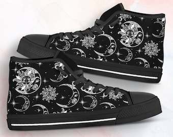 Sun and Moon Shoes | Moon Sneakers | Moon Pattern Shoes moon Gifts Cute Clothing Custom High Top Sneakers For Adults Women & Men