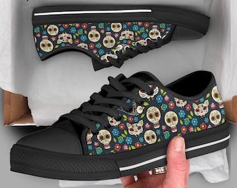 Sugar Skull Shoes | Sugarskull Sneakers | Cute Shoes | Casual Shoes | Sugarskull Gifts | Low Top Converse Style Shoes for Womens Mens Adults