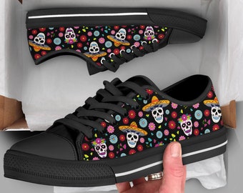 Sugarskull Shoes | Sugarskull Sneakers | Casual Shoes | Day of The Dead Shoes | Low Top Converse Style Shoes for Womens Mens Adults