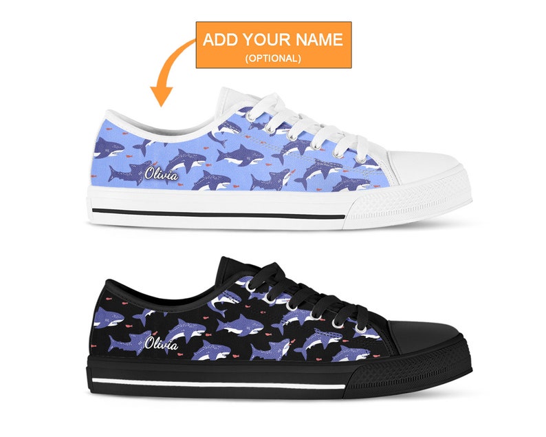 Shark Pattern Print Black Sneaker Shoes For Men Women
