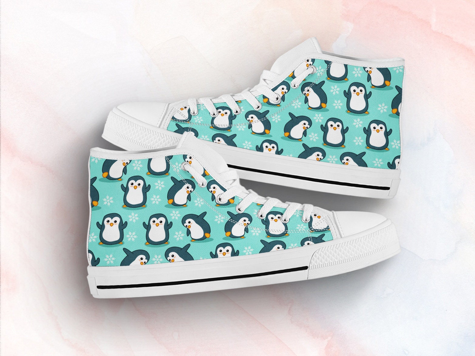 Penguin Print Pattern Black Sneaker Shoes For Men Women