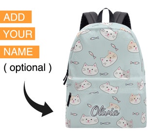 Pastel Kawaii Cats Print Cotton Backpack School Bag Womens Mens Kids Childrens Backpack Personalized Custom Name Backpack