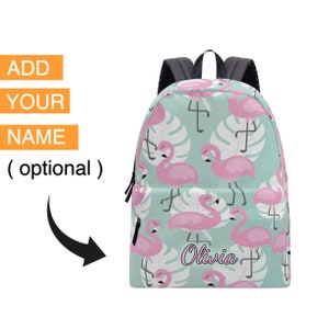 Pink Flamingo Print Cotton Backpack School Bag Womens Mens Kids Childrens Backpack Personalized Custom Name Backpack