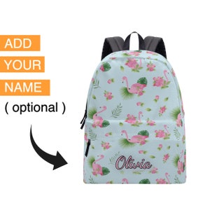 Flamingo  Print Cotton Backpack School Bag Womens Mens Kids Childrens Backpack Personalized Custom Name Backpack
