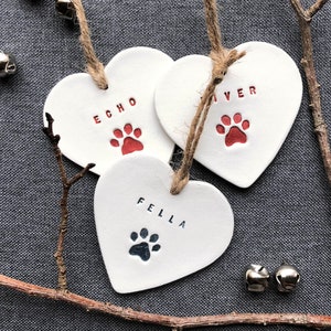 Personalised Dog Ornament - Christmas Decorations 2023 - hand made with air dry clay and stamped with your dogs name and a paw
