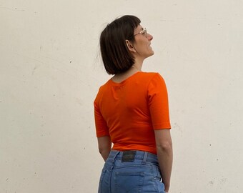 S Body coton stretch femme / body stretch orange vintage / body coton orange manches courtes / body t-shirt vintage