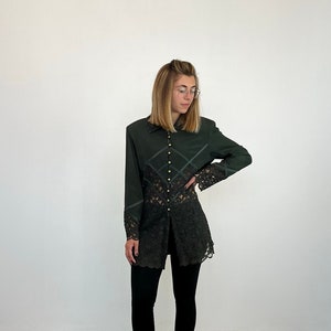 Vintage Macramé Jacket Dress / Vintage Lace Women's Jacket / Vintage Macramé Long Blazer for Women - Vintage Green Shoulder Strap Jacket/Dress