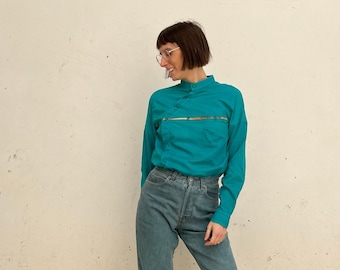 turquoise vintage 80s shirt / light blue vintage women's shirt / vintage shirt / light blue women's vintage shirt with mandarin collar