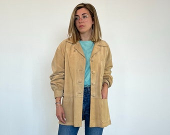 Vintage heavy suede jacket / Vintage beige suede women's jacket / oversized women's maxi shirt in suede / vintage suede jacket