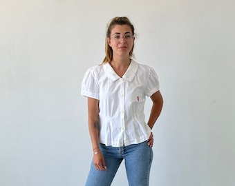 Strawberry Vintage 80s blouse / vintage white women's shirt with strawberry / vintage white women's shirt / vintage short sleeve white blouse