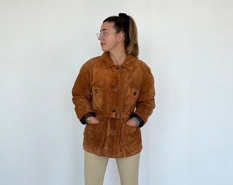 Vintage heavy suede jacket/ vintage leather padded jacket/ women vintage suede winter jacket/ heavy leather trench jacket