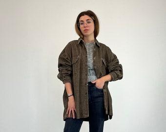 90s vintage heavy shirt / brown vintage winter shirt / velvet effect vintage shirt / winter oversized vintage women's shirt