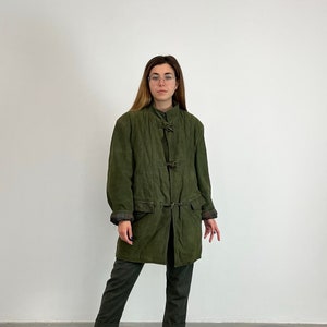 shearling Green 80s Vintage Leather Jacket/ Women&#39;s Vintage Leather Jacket/ Leather Jacket With Toggles/ Green Oversized Shearling Jacket