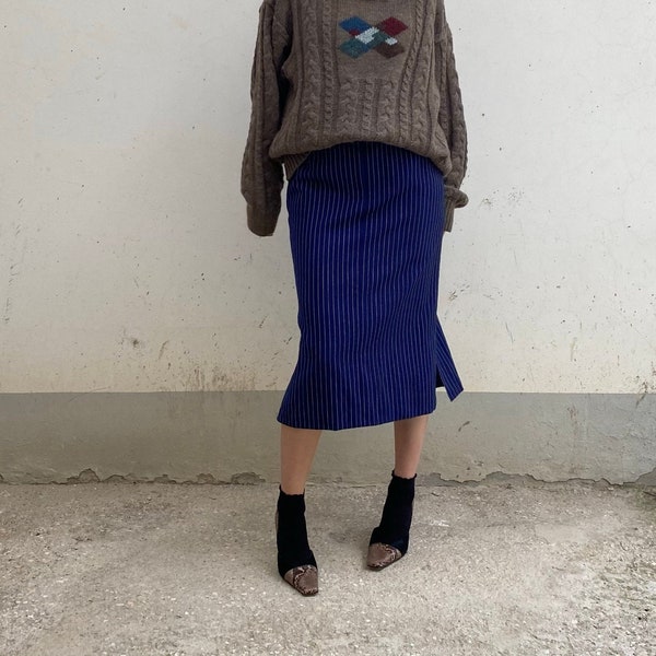 vintage striped midi skirt / pencil skirt with side slits / vintage micro striped skirt / vintage wool skirt / midi wool skirt