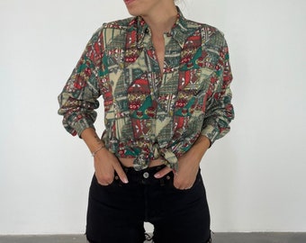 Aztec pattern Vintage 80s shirt / patterned vintage women's shirt / vintage blouse / women's tie-up blouse / vintage women's shirt