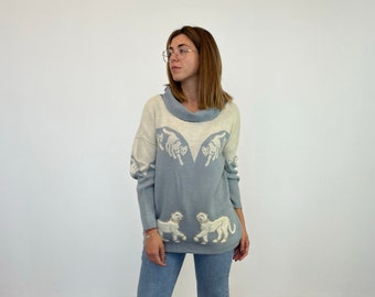 Puma Vintage sweater 80s / vintage women's sweater / puma vintage woman sweater / women's patterned wool sweater / light blue vintage pullover
