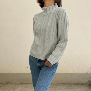 light blue turtleneck Vintage 90s Pullover / Vintage light blue turtleneck winter sweater / women&#39;s winter sweater / Cable knit sweater S