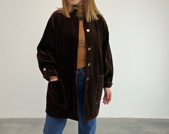 Brown vintage velvet jacket / women's velvet quilted jacket / vintage velvet jacket / oversized brown vintage chenille jacket