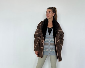 Original vintage 80s shearling / vintage women's shearling coat / original heavy women's shearling / vintage brown leather women's shearling