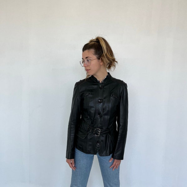 Lederjacke / Conbipel Vintage-Lederjacke / schwarze Vintage-Lederjacke für Damen / schwarze Vintage-Bikerjacke / kurze Vintage-Lederjacke