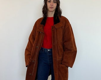 Chaqueta de piel de oveja marrón estilo años 80 de gran tamaño / Chaqueta de piel de oveja marrón vintage para mujer / Chaqueta de borrego marrón para mujer / Chaqueta de borrego borrego de gran tamaño