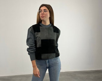 Suede inserts Vintage 80s pullover / Vintage wool and suede sweater / Vintage leather pullover / Vintage leather women's sweater