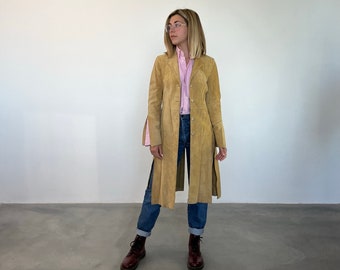 S Long vintage suede jacket 70s / long leather jacket / Beige vintage suede women's jacket / women's vintage suede leather trench coat